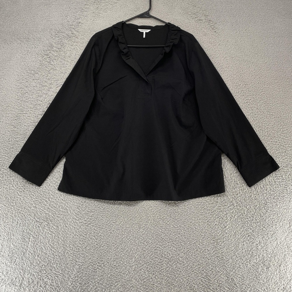 Foxcroft Top Womens 1X Ruffle V-Neck Tunic Black Long Sleeve Stretch Blouse